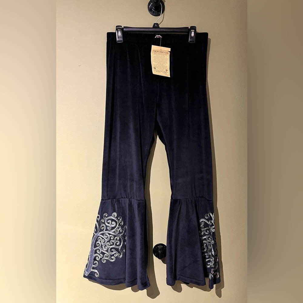 Faux Velvet Flared Pants with Tree of Life L/XL Boho Hippie